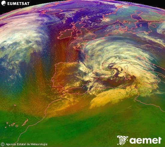 Composici�n RGB en la que se mezclan varios canales del sat�lite Meteosat operacional en 0�N 0�W, que nos da una idea de las caracter�sticas de las masas de aire y de la nubosidad.&nbsp;s�bado, 14 febrero 2026 a las 00:00