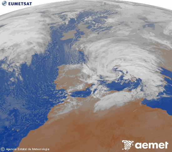 Imagen de la zona de Europa y Norte de �frica del canal infrarrojo del sat�lite Meteosat operacional en 0�N 0�W, procesada para darle color.&nbsp;s�bado, 14 febrero 2026 a las 00:00