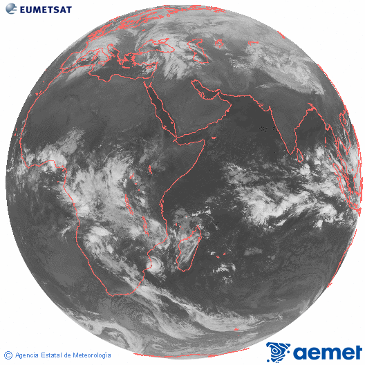 Oc�ano �ndico. Imagen global del canal infrarrojo (10.8&mu;m) de Meteosat, perteneciente a la serie MSG (Meteosat Segunda Generaci�n) y situado en 41.5° E.&nbsp;s�bado, 14 febrero 2026 a las 01:00
