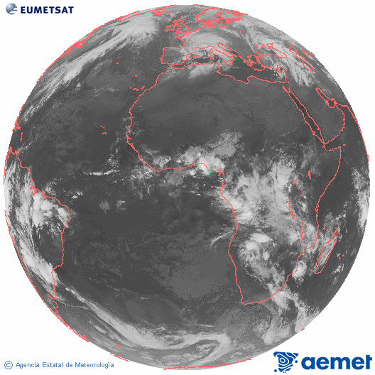 Imagen global del canal infrarrojo (10.8 &mu;m) del sat�lite Meteosat, perteneciente a la serie MSG (Meteosat Segunda Generaci�n) y situado en 0�N 0�E.&nbsp;s�bado, 14 febrero 2026 a las 01:00
