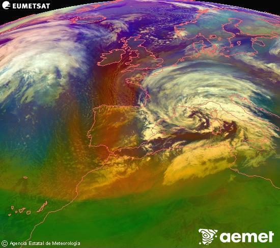 Composici�n RGB en la que se mezclan varios canales del sat�lite Meteosat operacional en 0�N 0�W, que nos da una idea de las caracter�sticas de las masas de aire y de la nubosidad.&nbsp;s�bado, 14 febrero 2026 a las 02:00