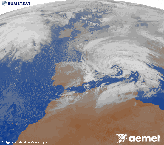 Imagen de la zona de Europa y Norte de �frica del canal infrarrojo del sat�lite Meteosat operacional en 0�N 0�W, procesada para darle color.&nbsp;s�bado, 14 febrero 2026 a las 02:00