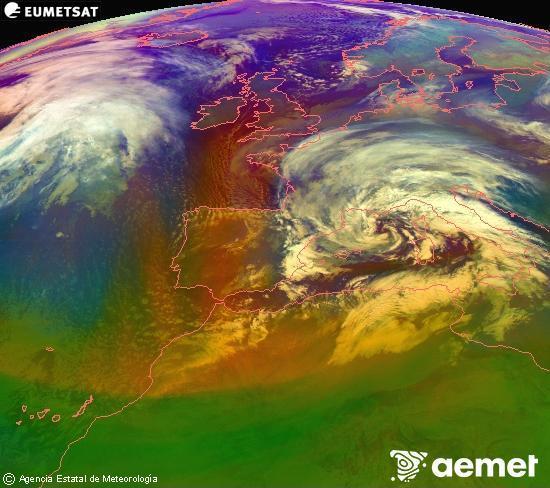 Composici�n RGB en la que se mezclan varios canales del sat�lite Meteosat operacional en 0�N 0�W, que nos da una idea de las caracter�sticas de las masas de aire y de la nubosidad.&nbsp;s�bado, 14 febrero 2026 a las 03:00