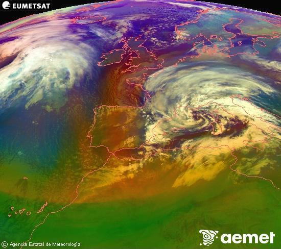 Composici�n RGB en la que se mezclan varios canales del sat�lite Meteosat operacional en 0�N 0�W, que nos da una idea de las caracter�sticas de las masas de aire y de la nubosidad.&nbsp;s�bado, 14 febrero 2026 a las 04:00