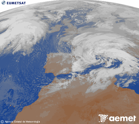 Imagen de la zona de Europa y Norte de �frica del canal infrarrojo del sat�lite Meteosat operacional en 0�N 0�W, procesada para darle color.&nbsp;s�bado, 14 febrero 2026 a las 04:00