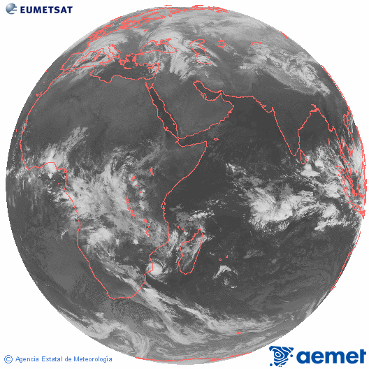 Oc�ano �ndico. Imagen global del canal infrarrojo (10.8&mu;m) de Meteosat, perteneciente a la serie MSG (Meteosat Segunda Generaci�n) y situado en 41.5° E.&nbsp;s�bado, 14 febrero 2026 a las 04:00