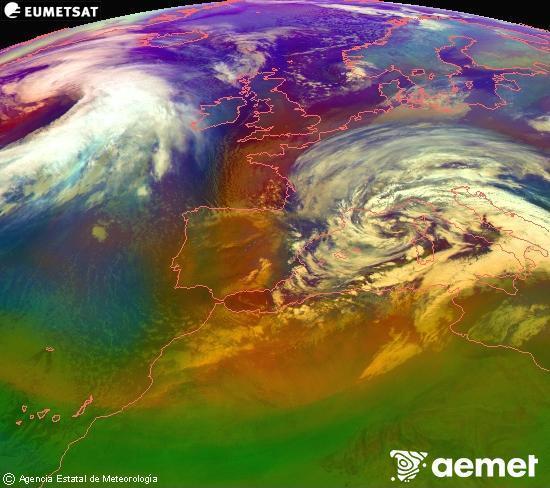 Composici�n RGB en la que se mezclan varios canales del sat�lite Meteosat operacional en 0�N 0�W, que nos da una idea de las caracter�sticas de las masas de aire y de la nubosidad.&nbsp;s�bado, 14 febrero 2026 a las 07:00