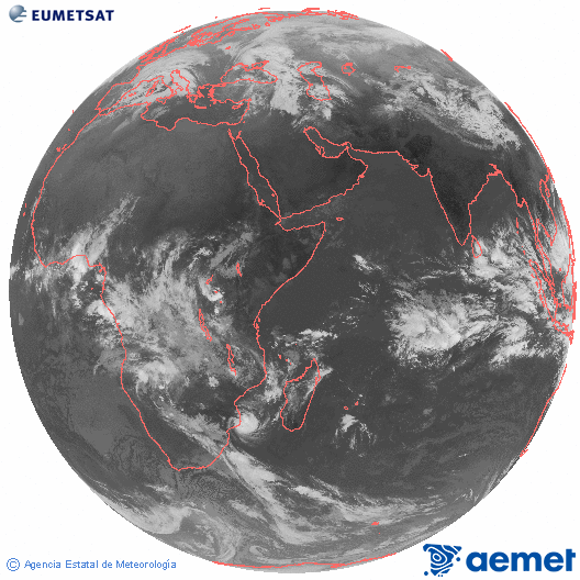 Oc�ano �ndico. Imagen global del canal infrarrojo (10.8&mu;m) de Meteosat, perteneciente a la serie MSG (Meteosat Segunda Generaci�n) y situado en 41.5° E.&nbsp;s�bado, 14 febrero 2026 a las 07:00