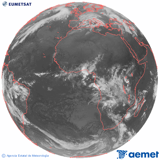 Imagen global del canal infrarrojo (10.8 &mu;m) del sat�lite Meteosat, perteneciente a la serie MSG (Meteosat Segunda Generaci�n) y situado en 0�N 0�E.&nbsp;s�bado, 14 febrero 2026 a las 07:00