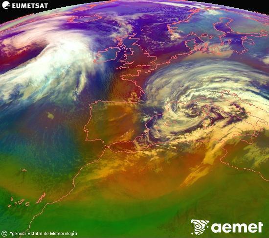 Composici�n RGB en la que se mezclan varios canales del sat�lite Meteosat operacional en 0�N 0�W, que nos da una idea de las caracter�sticas de las masas de aire y de la nubosidad.&nbsp;s�bado, 14 febrero 2026 a las 08:00