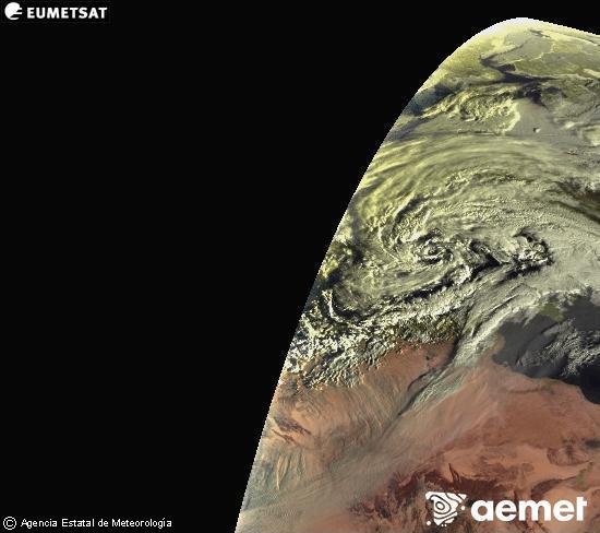 Esta imagen se genera utilizando informaci�n de los canales visibles del sat�lite METEOSAT perteneciente a la segunda generaci�n de sat�lites Meteosat (MSG). Por ese motivo, s�lo hay informaci�n en la zona iluminada por el sol. Adem�s, los canales han sido normalizados para que el brillo no dependa de la posici�n del sol.&nbsp;s�bado, 14 febrero 2026 a las 08:00
