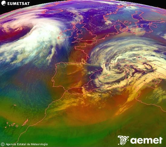 Composici�n RGB en la que se mezclan varios canales del sat�lite Meteosat operacional en 0�N 0�W, que nos da una idea de las caracter�sticas de las masas de aire y de la nubosidad.&nbsp;s�bado, 14 febrero 2026 a las 09:00