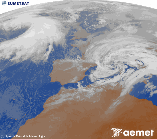 Imagen de la zona de Europa y Norte de �frica del canal infrarrojo del sat�lite Meteosat operacional en 0�N 0�W, procesada para darle color.&nbsp;s�bado, 14 febrero 2026 a las 09:00