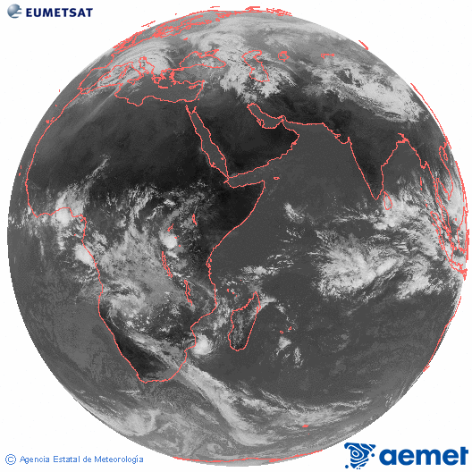 Oc�ano �ndico. Imagen global del canal infrarrojo (10.8&mu;m) de Meteosat, perteneciente a la serie MSG (Meteosat Segunda Generaci�n) y situado en 41.5° E.&nbsp;s�bado, 14 febrero 2026 a las 10:00