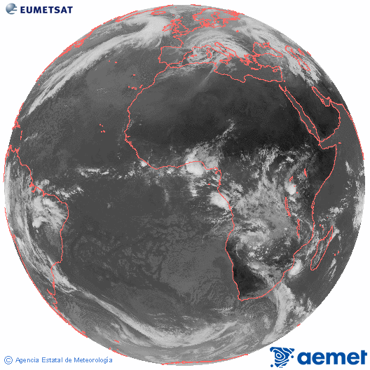 Imagen global del canal infrarrojo (10.8 &mu;m) del sat�lite Meteosat, perteneciente a la serie MSG (Meteosat Segunda Generaci�n) y situado en 0�N 0�E.&nbsp;s�bado, 14 febrero 2026 a las 10:00