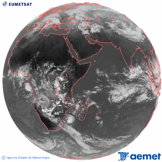 Oc�ano �ndico. Imagen global del canal infrarrojo (10.8&mu;m) de Meteosat, perteneciente a la serie MSG (Meteosat Segunda Generaci�n) y situado en 41.5° E.&nbsp;s�bado, 14 febrero 2026 a las 13:00