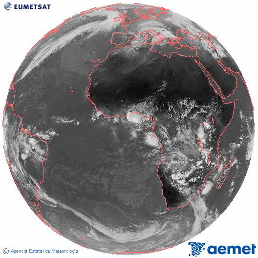 Imagen global del canal infrarrojo (10.8 &mu;m) del sat�lite Meteosat, perteneciente a la serie MSG (Meteosat Segunda Generaci�n) y situado en 0�N 0�E.&nbsp;s�bado, 14 febrero 2026 a las 13:00