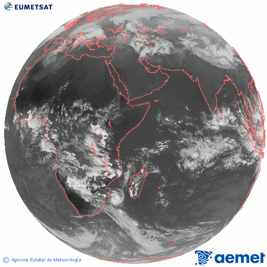 Oc�ano �ndico. Imagen global del canal infrarrojo (10.8&mu;m) de Meteosat, perteneciente a la serie MSG (Meteosat Segunda Generaci�n) y situado en 41.5° E.&nbsp;s�bado, 14 febrero 2026 a las 16:00
