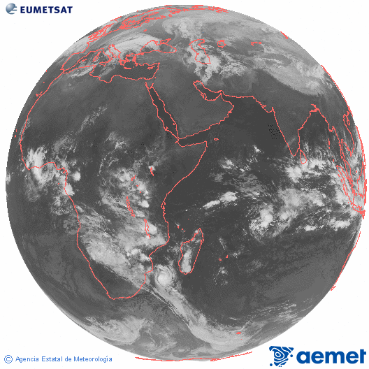 Oc�ano �ndico. Imagen global del canal infrarrojo (10.8&mu;m) de Meteosat, perteneciente a la serie MSG (Meteosat Segunda Generaci�n) y situado en 41.5° E.&nbsp;s�bado, 14 febrero 2026 a las 22:00