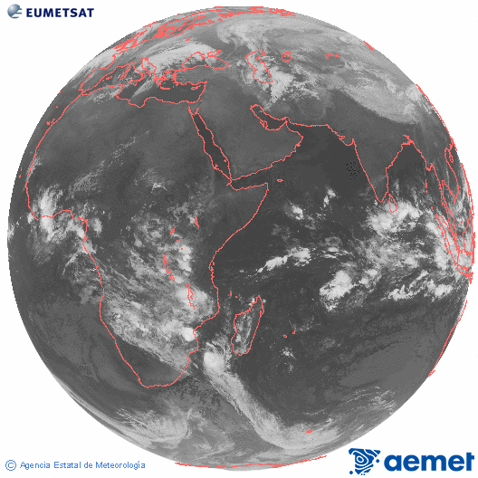 Oc�ano �ndico. Imagen global del canal infrarrojo (10.8&mu;m) de Meteosat, perteneciente a la serie MSG (Meteosat Segunda Generaci�n) y situado en 41.5° E.&nbsp;domingo, 15 febrero 2026 a las 01:00