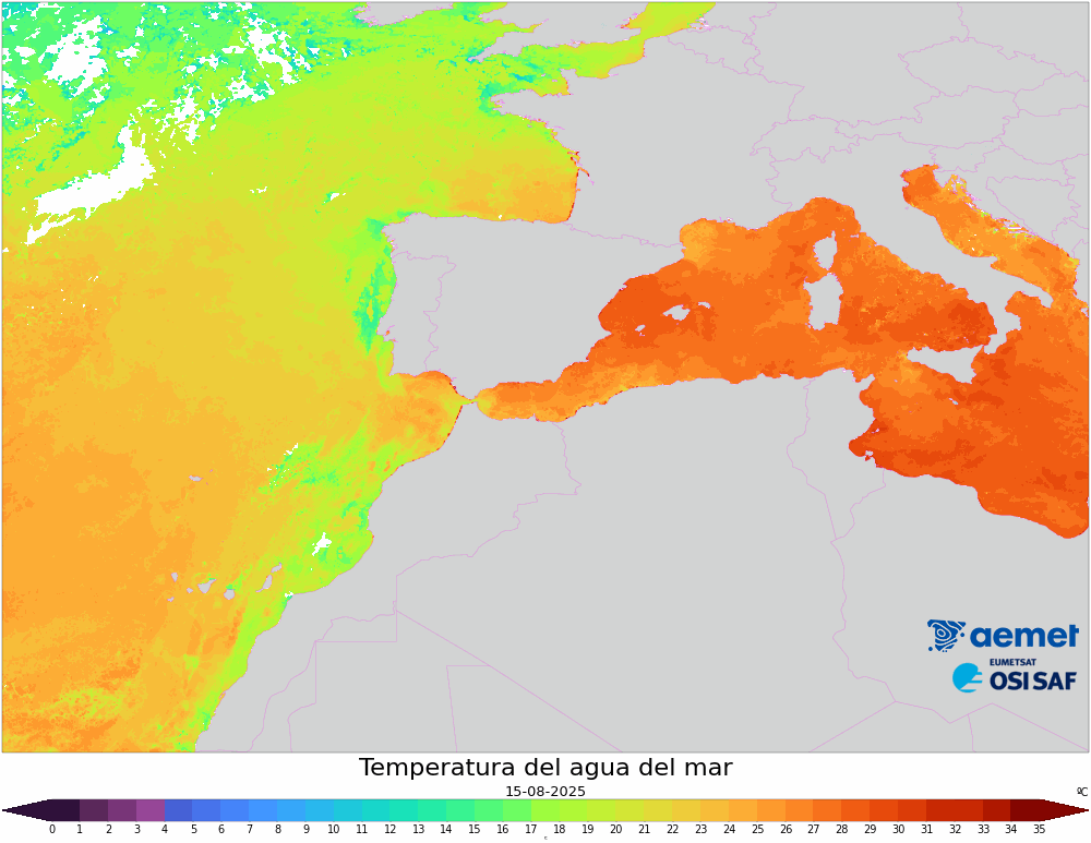 Esta imagen es generada en base al producto -Global Metop Sea Surface Temperature- elaborado por el OSI SAF de EUMETSAT, el centro de aplicaciones satelitales dedicado al ocano y hielo marino. La imagen tiene una resolucin de 0,05°, se actualiza diariamente y muestra los valores registrados de temperatura con una antigedad mxima de 48 horas.