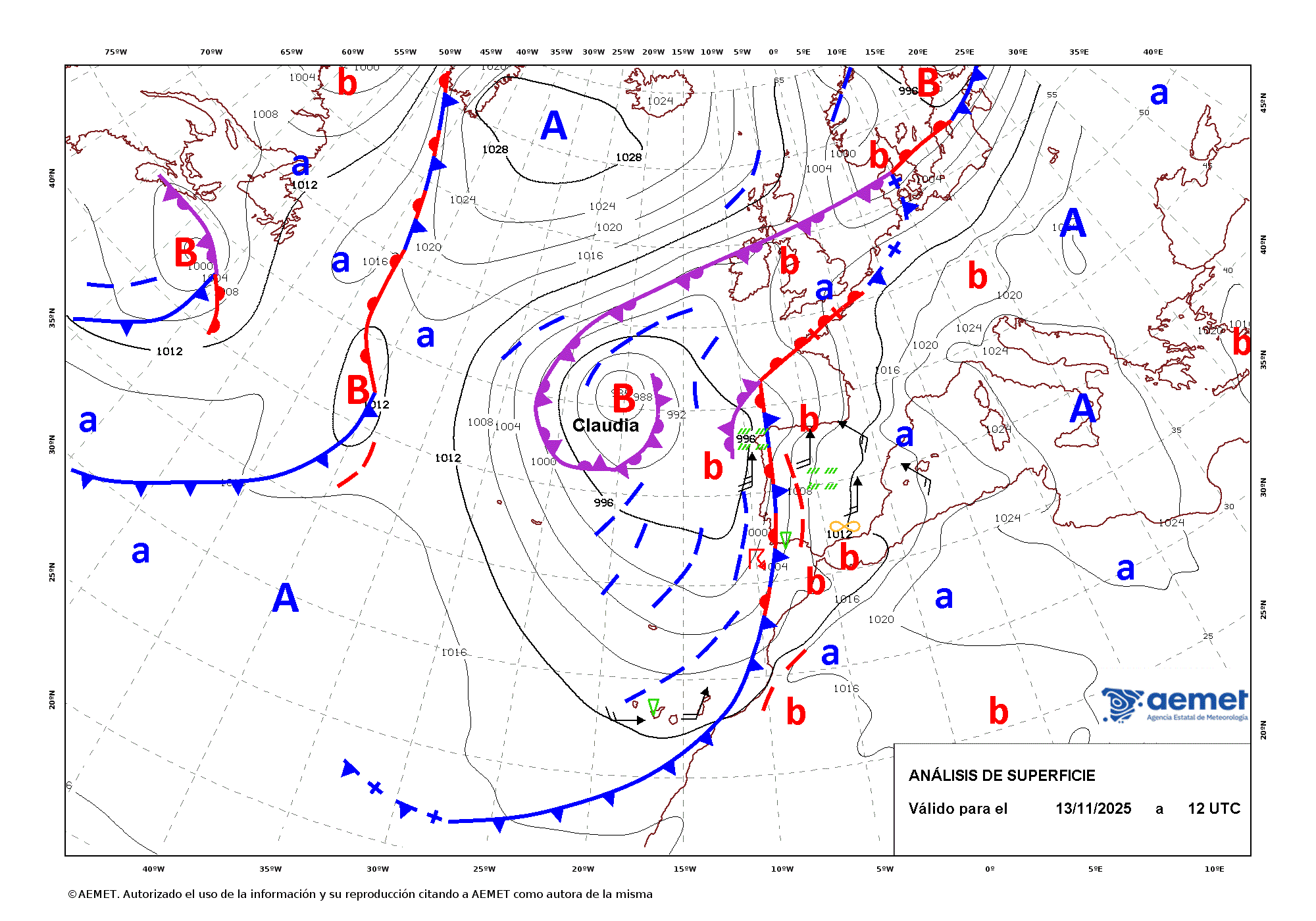 Imagenes del mapa con frentes jueves, 13 noviembre 2025 a las 13:00
