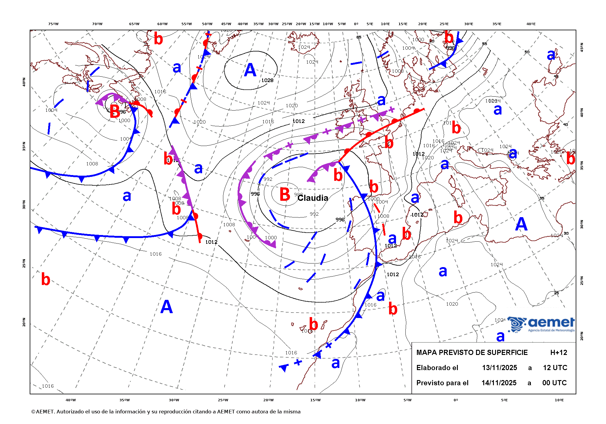 Imagenes del mapa con frentes viernes, 14 noviembre 2025 a las 01:00