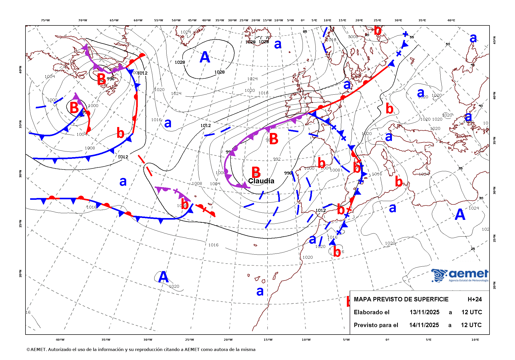 Imagenes del mapa con frentes viernes, 14 noviembre 2025 a las 13:00