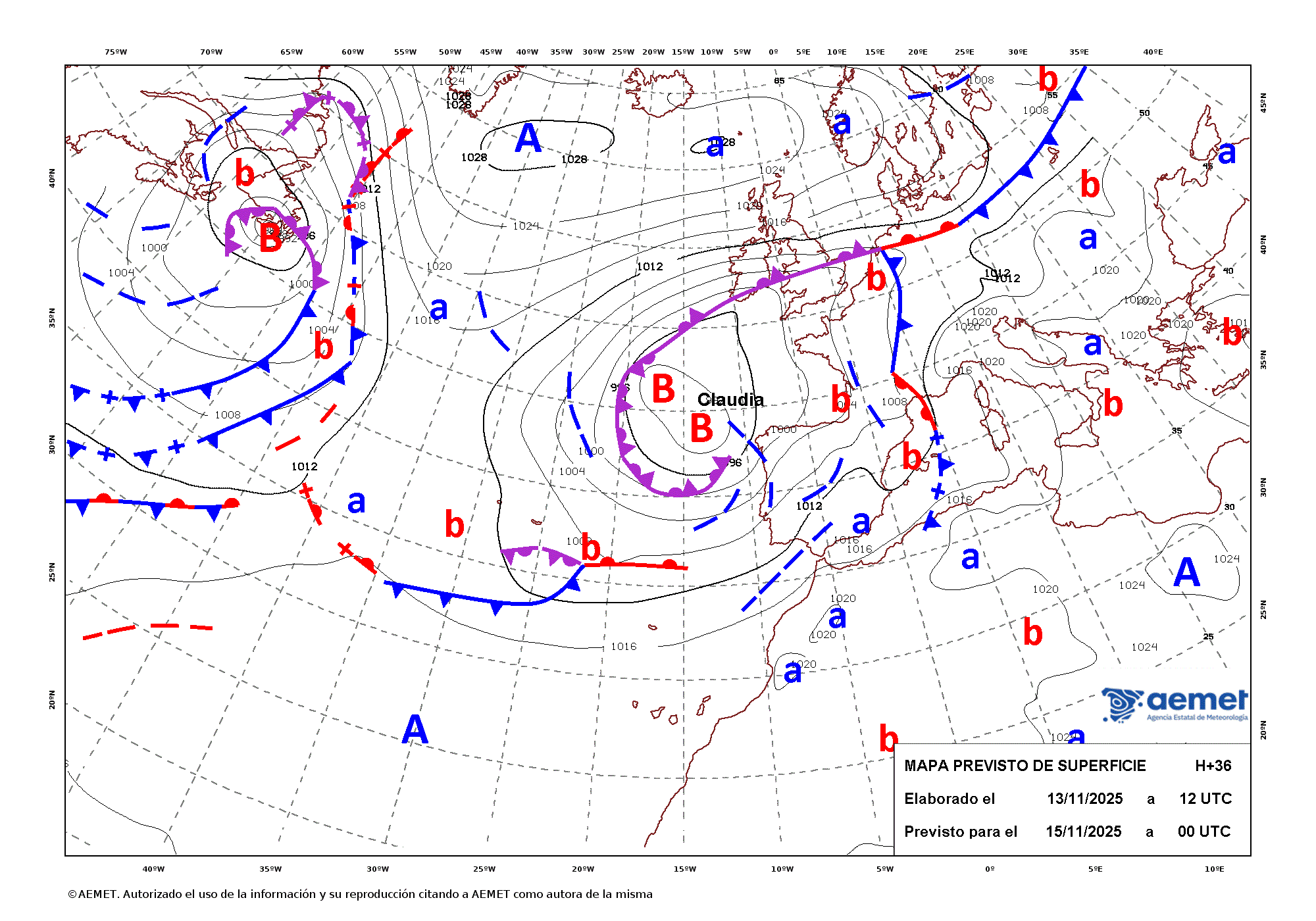 Imagenes del mapa con frentes sbado, 15 noviembre 2025 a las 01:00
