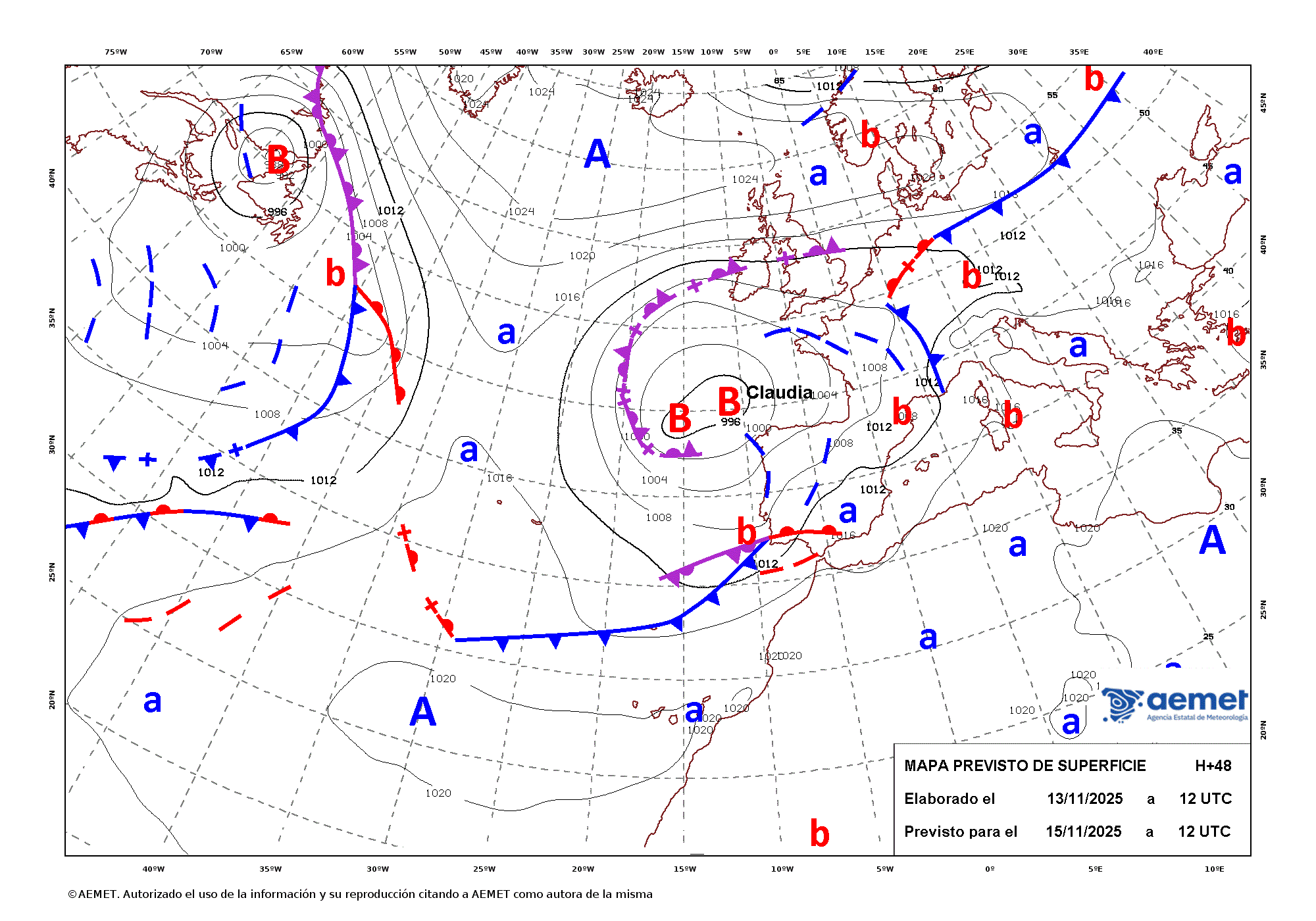 Imagenes del mapa con frentes sbado, 15 noviembre 2025 a las 13:00