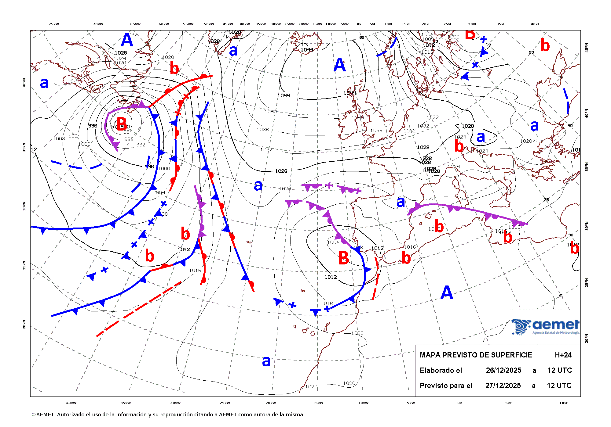 Imagenes del mapa de frentes&nbsp;dissabte, 27 de desembre  2025 13:00