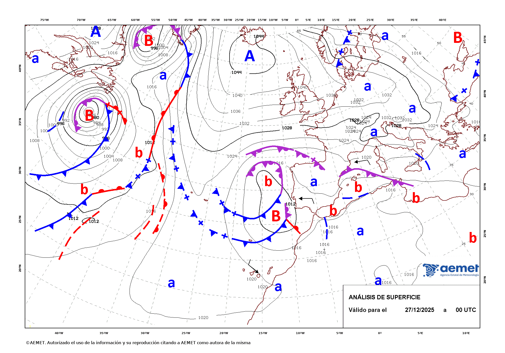 Imagenes del mapa de frentes&nbsp;dissabte, 27 de desembre  2025 01:00