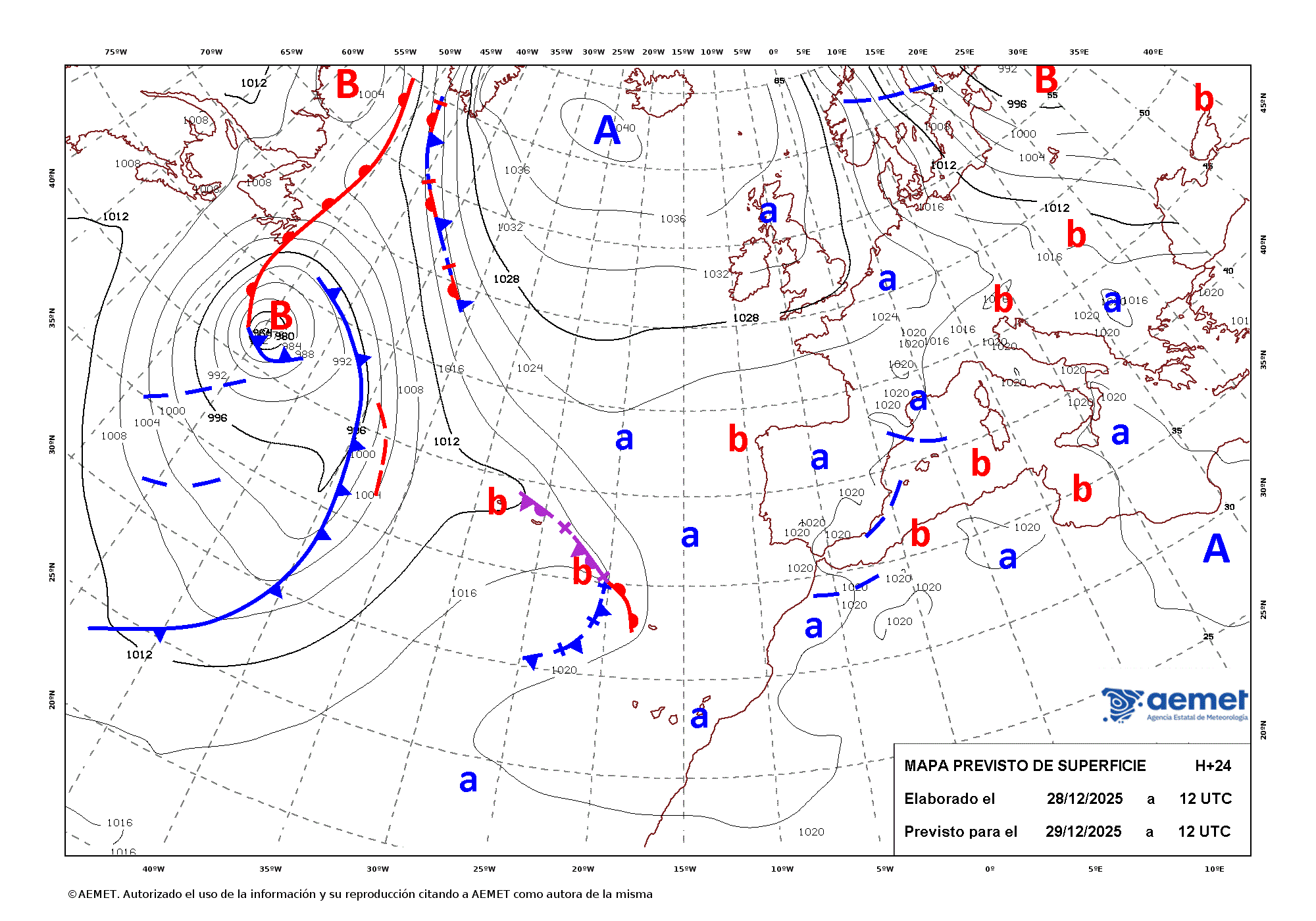 Imagenes del mapa con frentes&nbsp;lunes, 29 diciembre 2025 a las 13:00