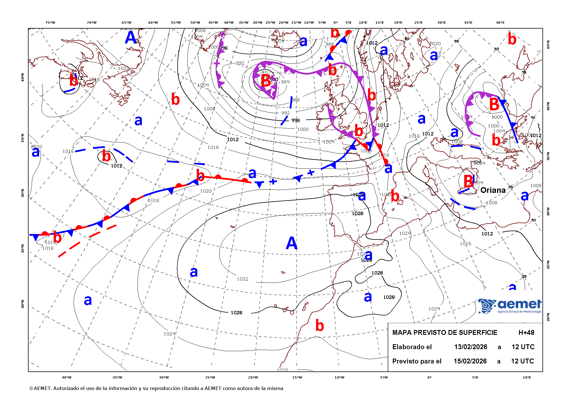 Imagenes del mapa con frentes&nbsp;domingo, 15 febrero 2026 a las 13:00