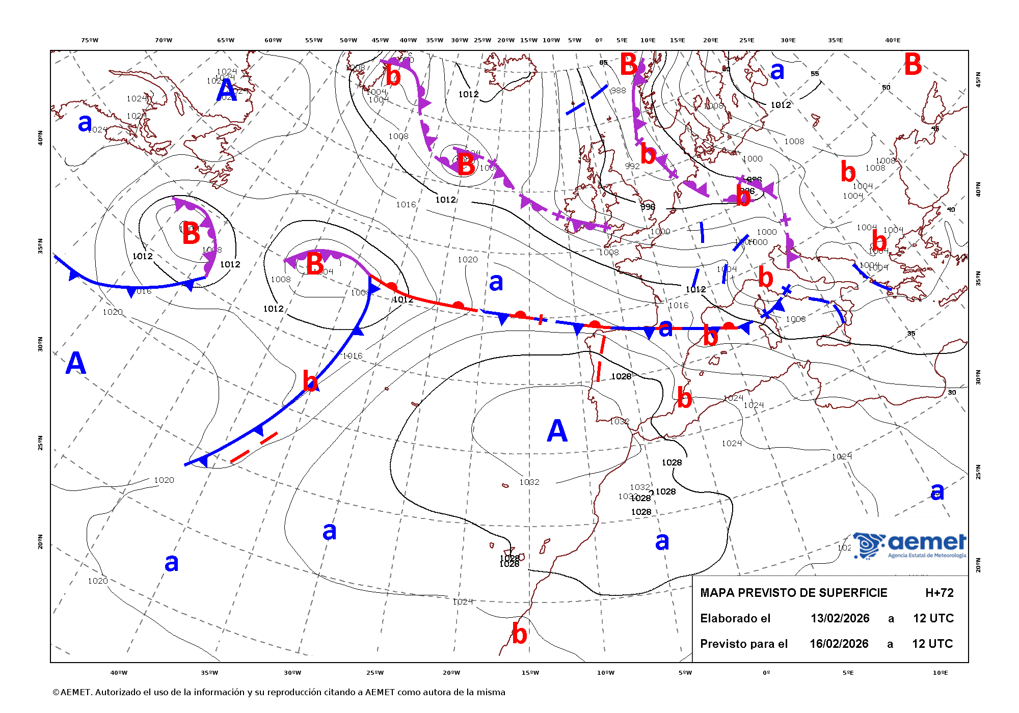 Imagenes del mapa con frentes&nbsp;lunes, 16 febrero 2026 a las 13:00