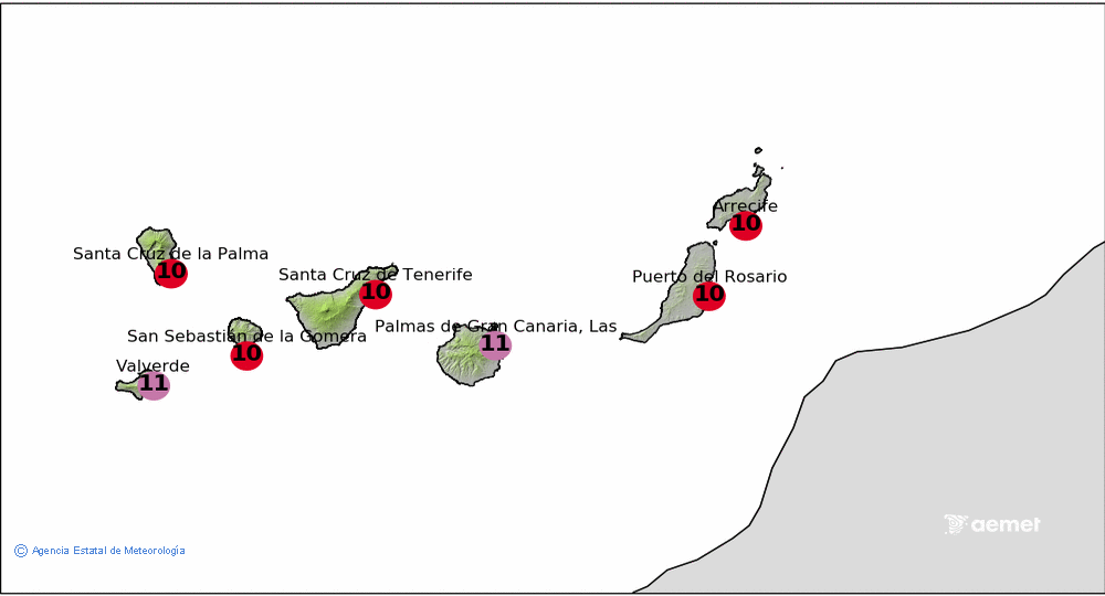 Canarias: Prediccin de ndice de radiacin UV mximo en condiciones de cielo despejado para el da 14 Agosto