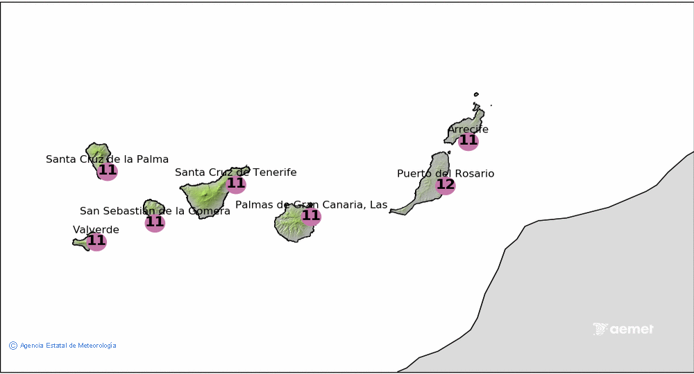 Canarias: Prediccin de ndice de radiacin UV mximo en condiciones de cielo despejado para el da 16 Agosto