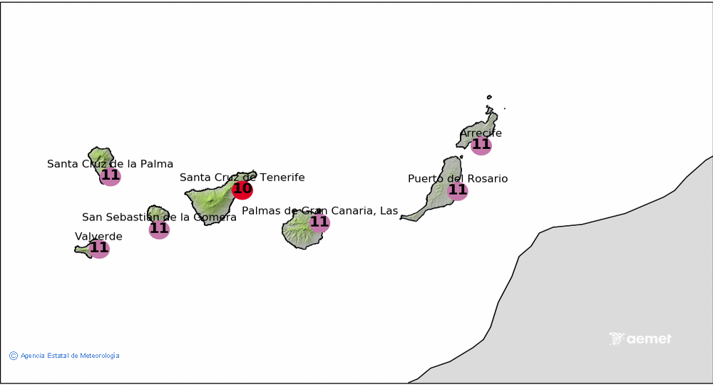 Canarias: Prediccin de ndice de radiacin UV mximo en condiciones de cielo despejado para el da 17 Agosto