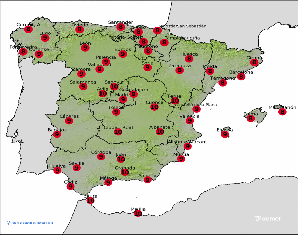 Pennsula y Baleares: Prediccin de ndice de radiacin UV mximo en condiciones de cielo despejado para el da 13 Agosto
