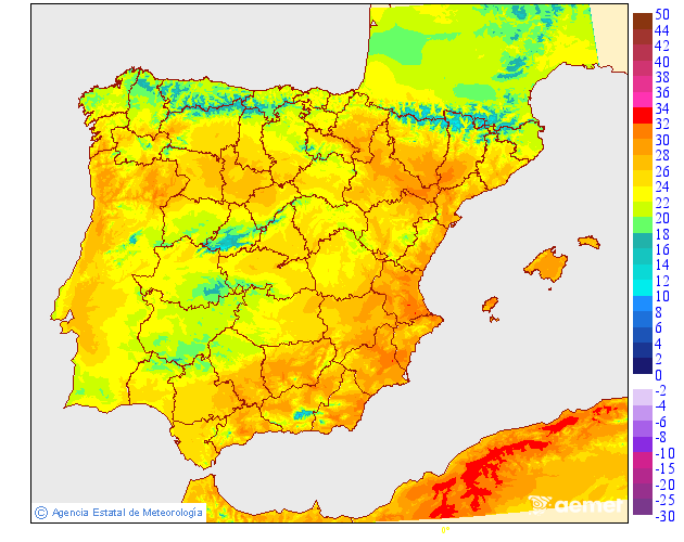 Maximum temperatures for tomorrow in the Peninsula and Balearic Islands