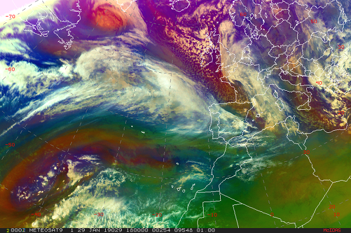 La borrasca Gabriel, centrada sobre el norte de Francia el día 29 a las 18:00 UTC. Imagen RGB de masas de aire