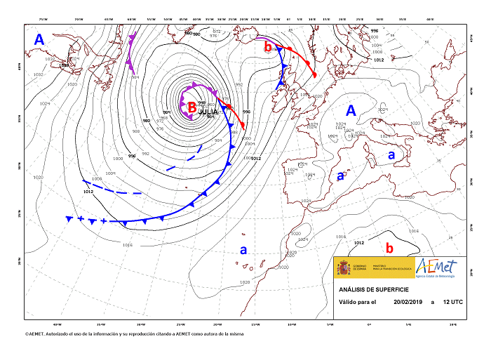 La borrasca Julia a las 12:00 UTC del día 20 de febrero