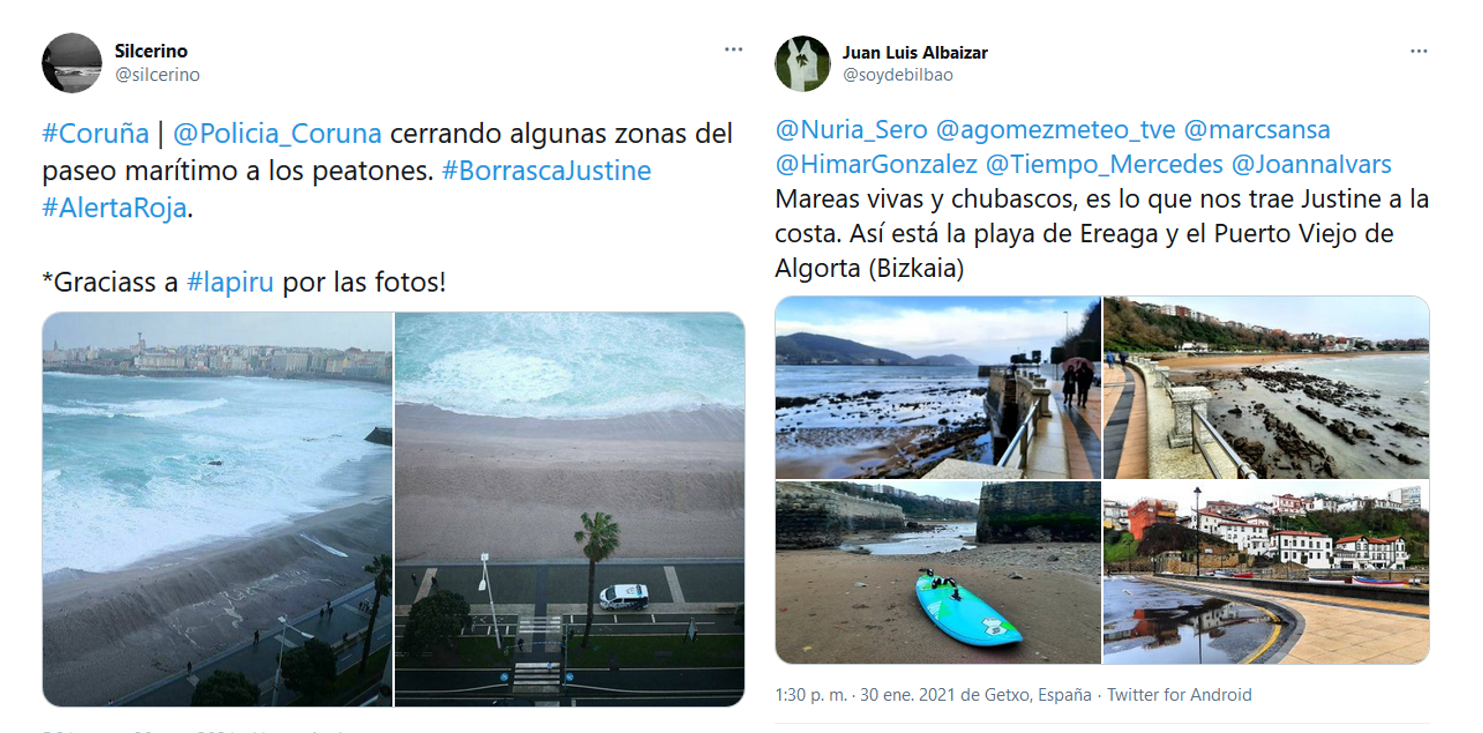 Algunos tuits emitidos en relación con la borrasca Justine