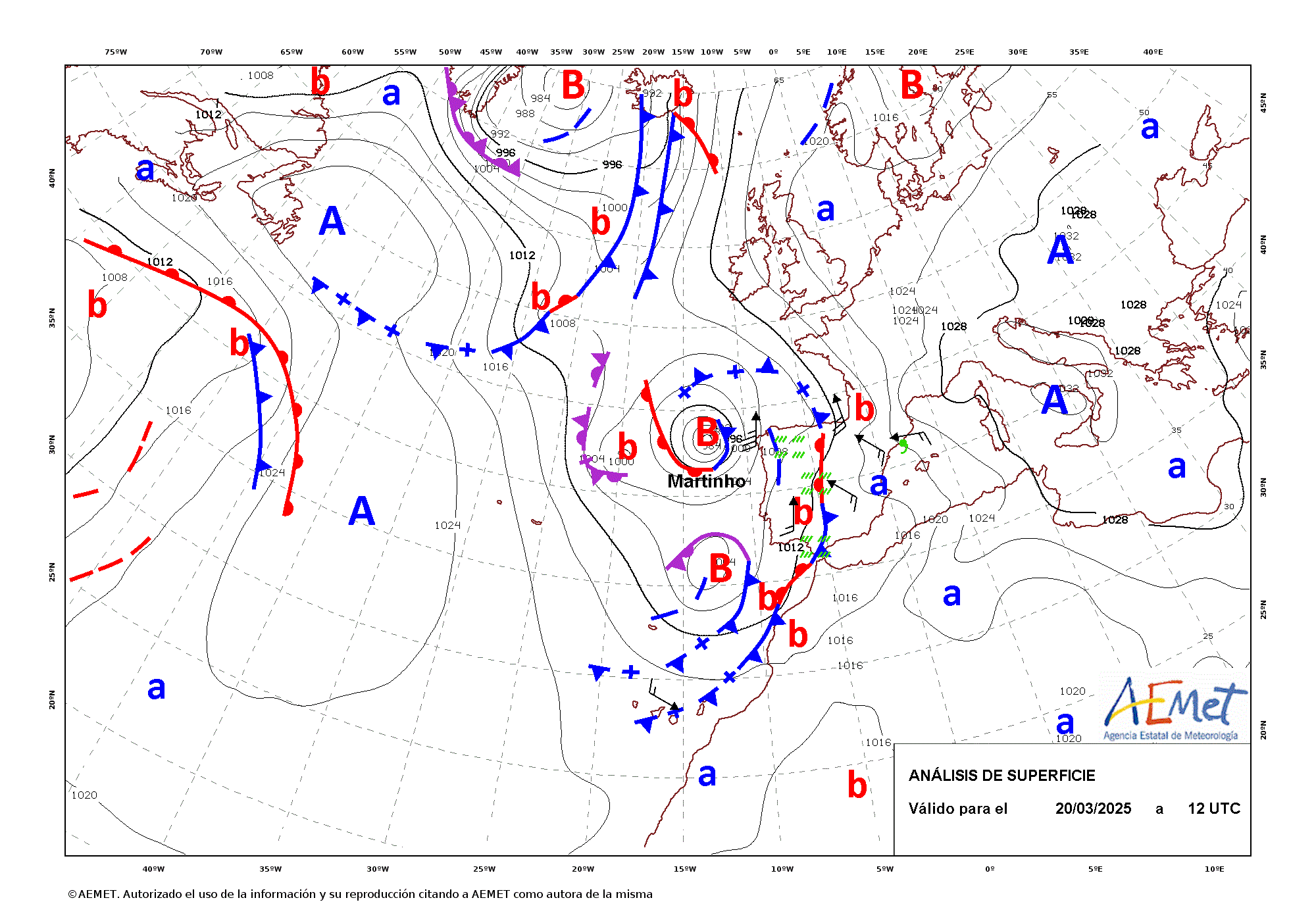 Análisis de superficie de las 12 UTC correspondiente al 20 de marzo de 2025.