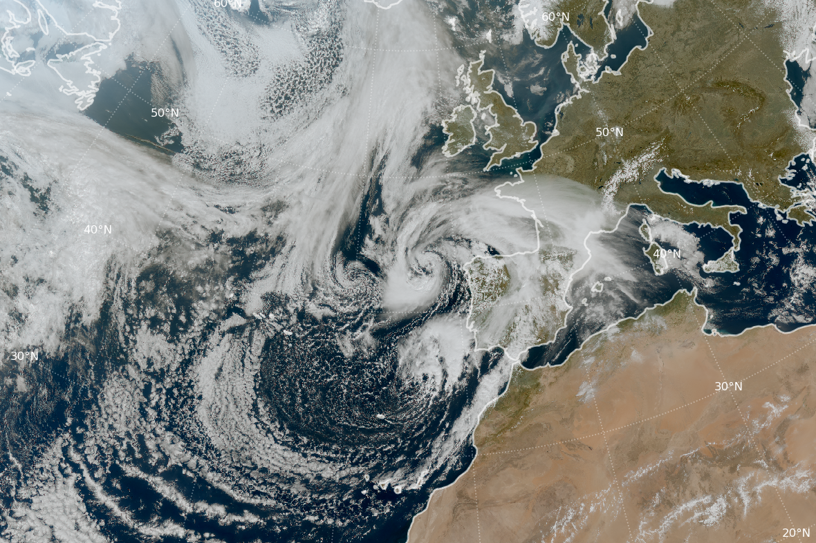 Borrasca Martinho con su centro al oeste de Galicia a las 12 UTC del día 20 de marzo de 2025. Imagen RGB color verdadero del satélite Meteosat-12.