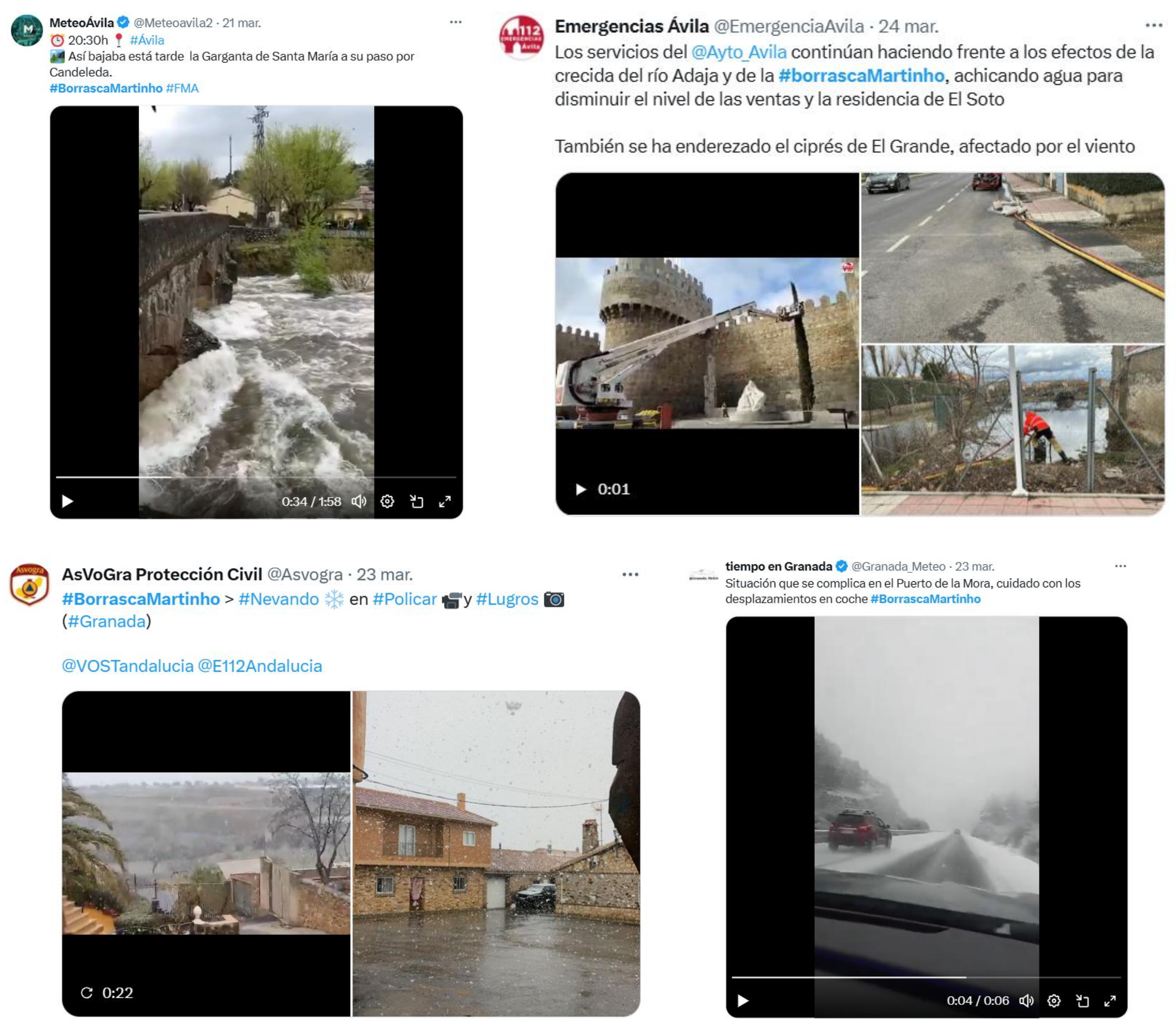 Reportes publicados en X relativos a algunos de los impactos ocasionados por la borrasca Martinho.