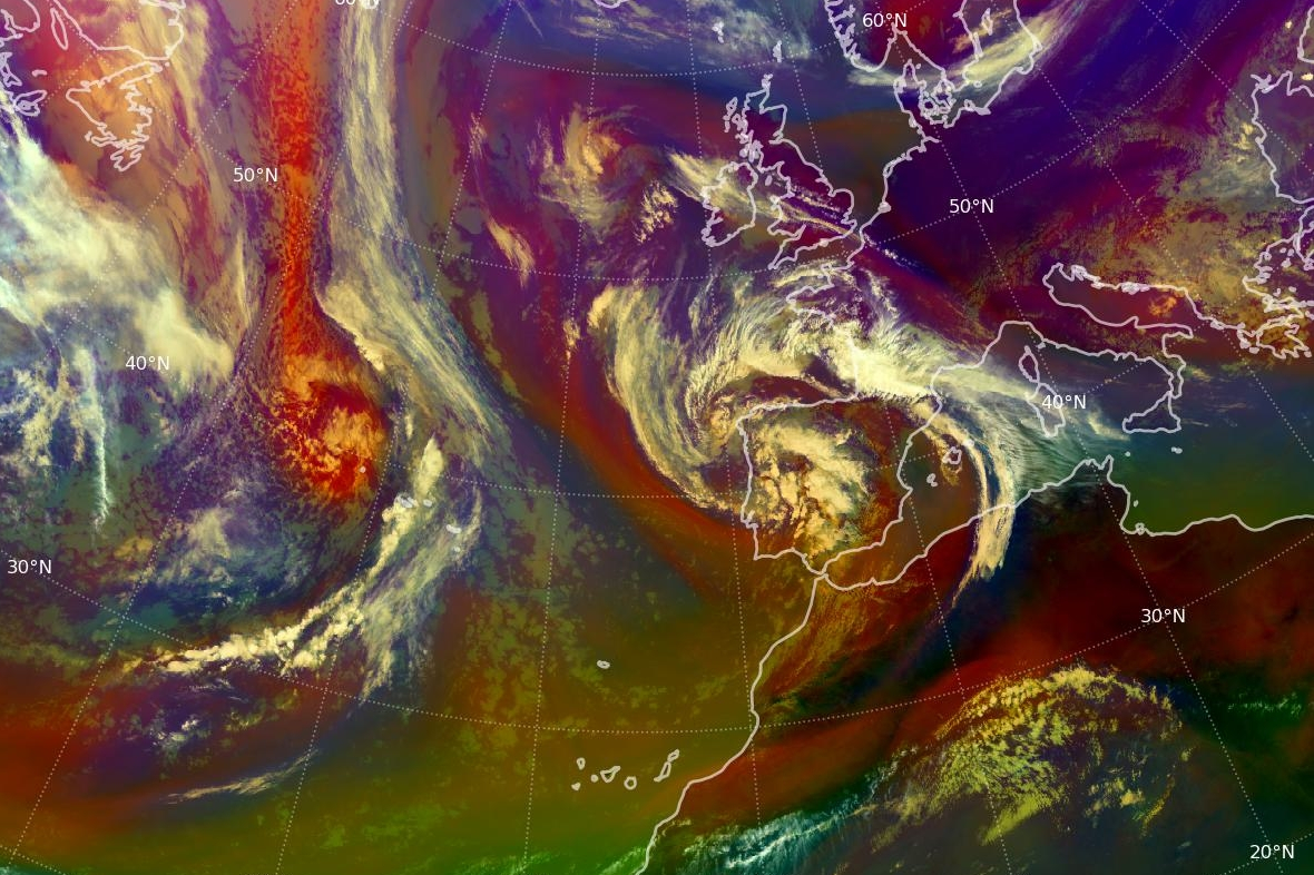 Borrasca Nuria con su centro al oeste de Portugal a las 12 UTC del día 4 de abril de 2025. Imagen RGB de masas de aire del satélite Meteosat-12.