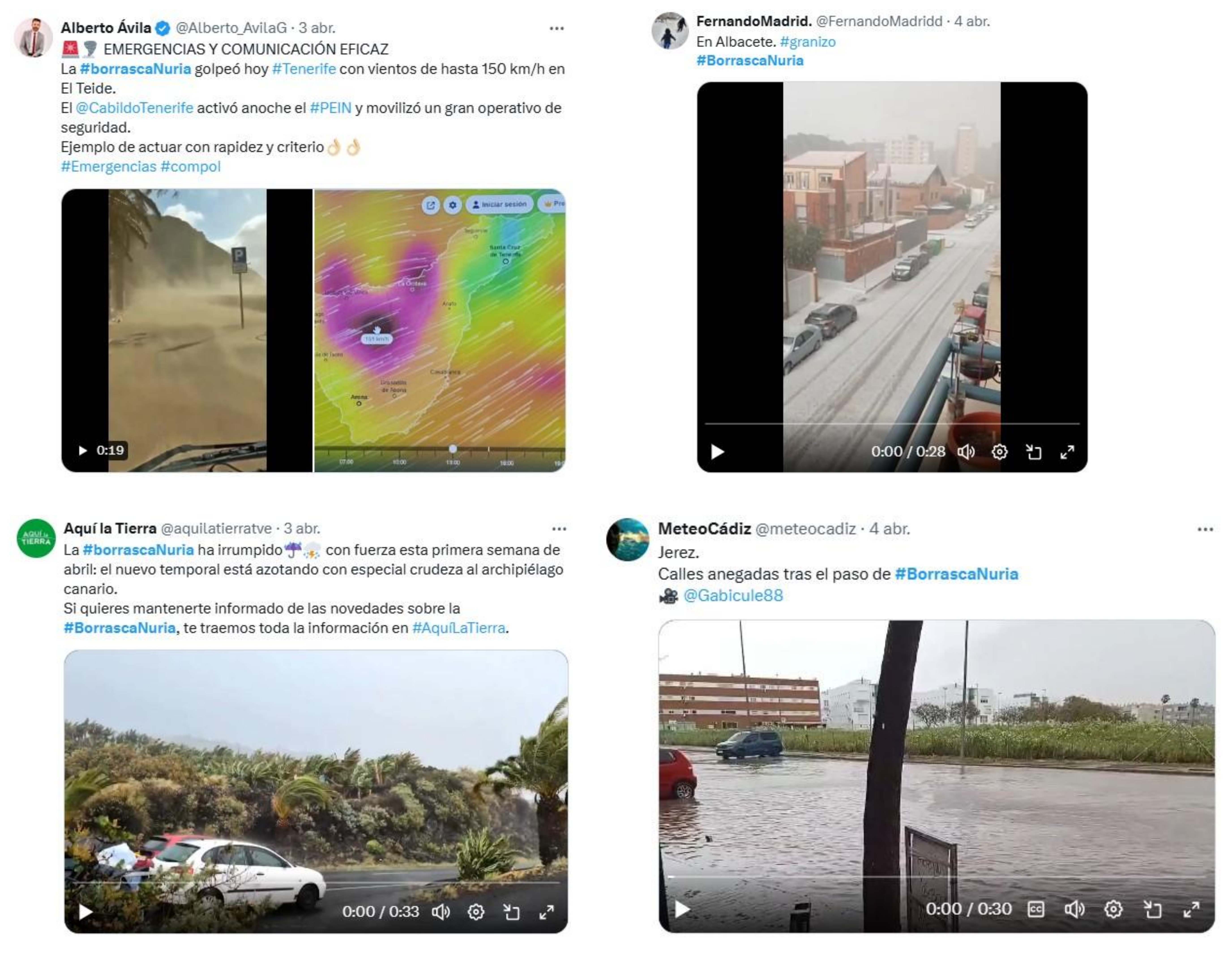 Reportes publicados en X relativos a algunos de los impactos ocasionados por la borrasca Nuria.