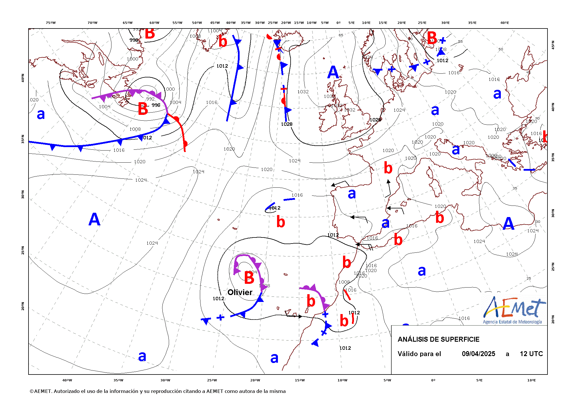 Análisis de superficie de las 12 UTC correspondiente al 9 de abril de 2025.