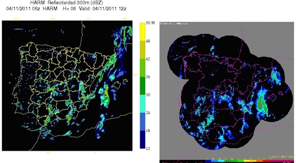 Reflectividades previstas por el modelo HARMONIE (izquierda) y medidas por la red de radares de AEMET (derecha)